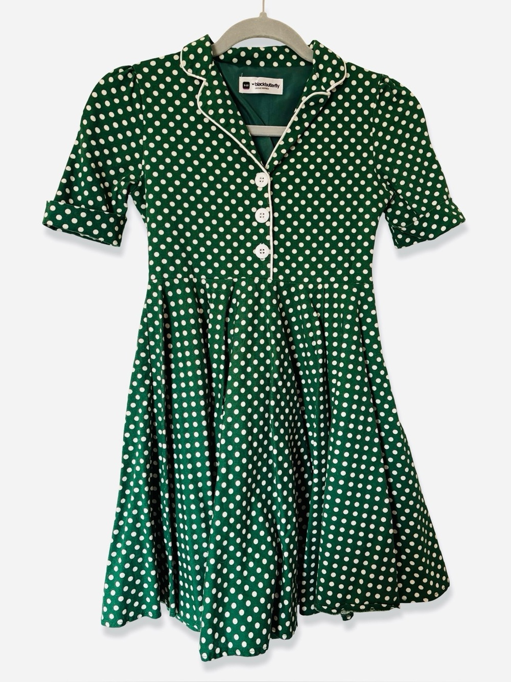 Green and White Polka Dot Fit-and-Flare Dress with White Piping